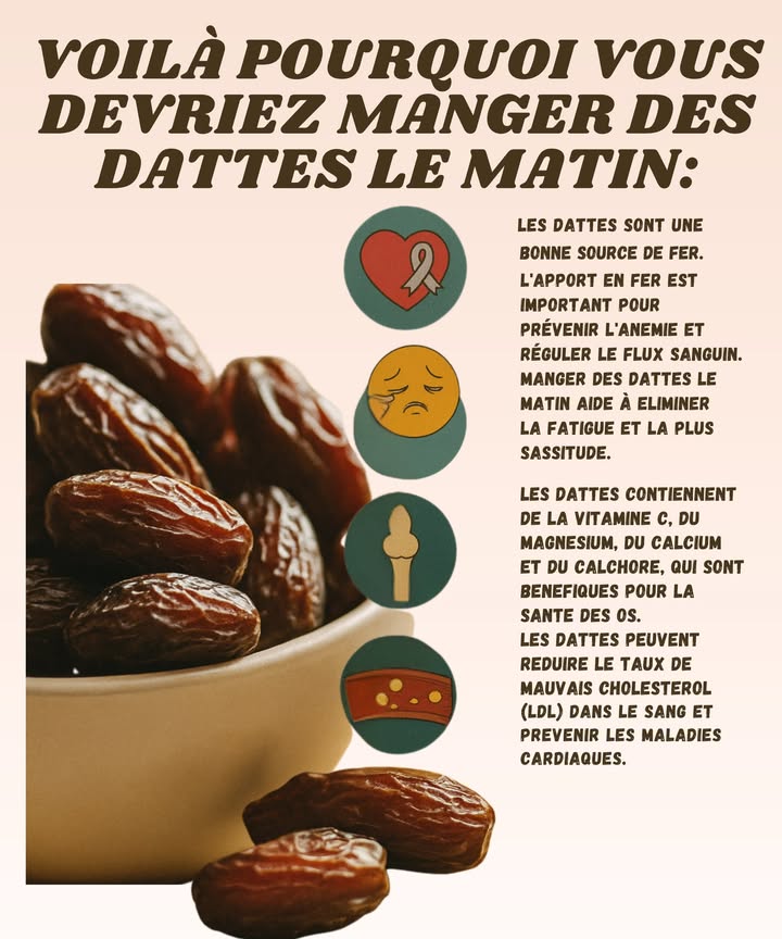 Pourquoi manger des dattes le matin 1 Pleines de fer Les dattes aident à prévenir lanémie et à garder ton énergie au top. Pratique si tu es du genre à traîner des pieds dès le réveil . 2 Adieu fatigue Une petite poignée le matin et hop, la sensation de lourdeur disparaît. Bon, sauf si tu as décidé de manger la moitié du paquet... là cest une autre histoire . 3 Des os en béton Grâce au calcium, magnésium et phosphore, elles renforcent les os. Parfait pour éviter de craquer comme une biscotte en montant les escaliers 領. 4 Cœur protégé Elles aident à réduire le mauvais cholestérol et soutiennent la santé cardiaque. En gros, ton cœur te dit merci à chaque bouchée . Un petit fruit sucré, facile à grignoter, et qui fait du bien à tout ton corps dès le matin !