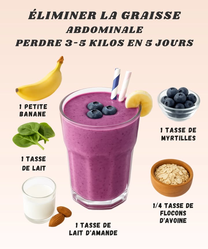 磻 Smoothie violet qui fait du bien 𢡄 1 1 petite banane : douceur assurée, sauf si elle est trop mûre et se transforme en purée avant le mixeur. 2 1 tasse de myrtilles : le secret de la belle couleur, mais attention aux doigts bleus si tu les touches partout. 3 1 tasse de lait : apporte de la légèreté, à condition de ne pas confondre avec la crème liquide. 4 1 tasse de lait damande : douceur végétale, sauf si tu oublies de bien secouer la brique avant. 5 1/4 tasse de flocons davoine : pour caler ton estomac, mais si tu en mets trop, ça devient une bouillie. Un coup de blender, et ton verre se transforme en énergie pure sauf si tu oublies de mettre le couvercle là cest la cuisine qui en profite.