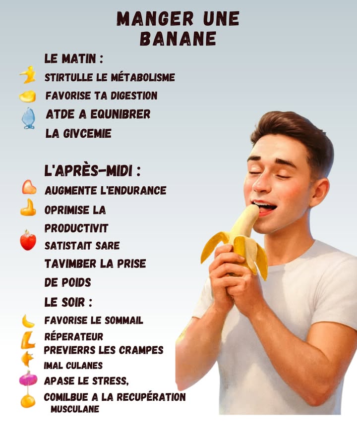 MANGER UNE BANANE 

1 LE MATIN :
 Stimule le métabolisme
 Favorise la digestion
 Aide à équilibrer la glycémie
Oops oublier de la manger avec ton café, ça arrive à tout le monde !

2 LAPRÈS-MIDI :
 Augmente lendurance
 Optimise la productivité
 Satisfait la faim
Ne pas confondre avec les bananes trop mûres sinon digestion express !

3 LE SOIR :
 Favorise le sommeil
 Réduit les crampes
 Apaise le stress
 Contribue à la récupération musculaire
Petite erreur fréquente : la manger trop tard, ça peut donner la pêche au lieu de dormir