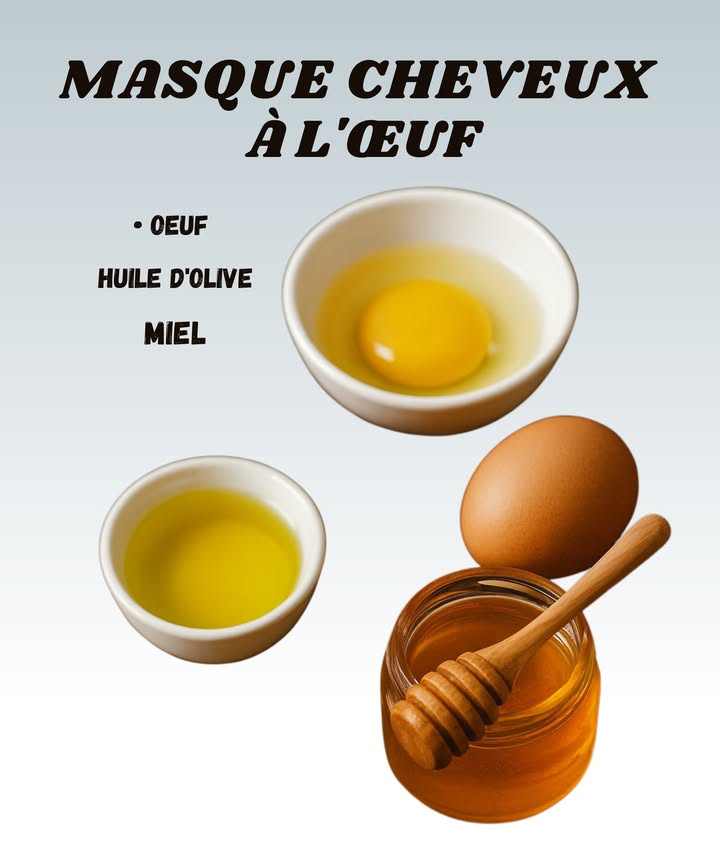 Masque cheveux maison à lœuf 

1 Casse un œuf et bats-le bien. Il apporte des protéines qui nourrissent la fibre capillaire. Oui, cest collant, mais promis, ça marche !

2 Ajoute une cuillère dhuile dolive. Elle hydrate en profondeur et redonne de la brillance. Mais évite den mettre trop, sinon tes cheveux sentiront la salade grecque 

3 Termine par une cuillère de miel pour adoucir et lisser la chevelure.

4 Applique le mélange sur tes cheveux secs ou légèrement humides, laisse poser 20 minutes puis rince à leau tiède jamais chaude, sinon bonjour lomelette dans les cheveux .

Un soin simple, naturel et efficace pour des cheveux doux, forts et lumineux !