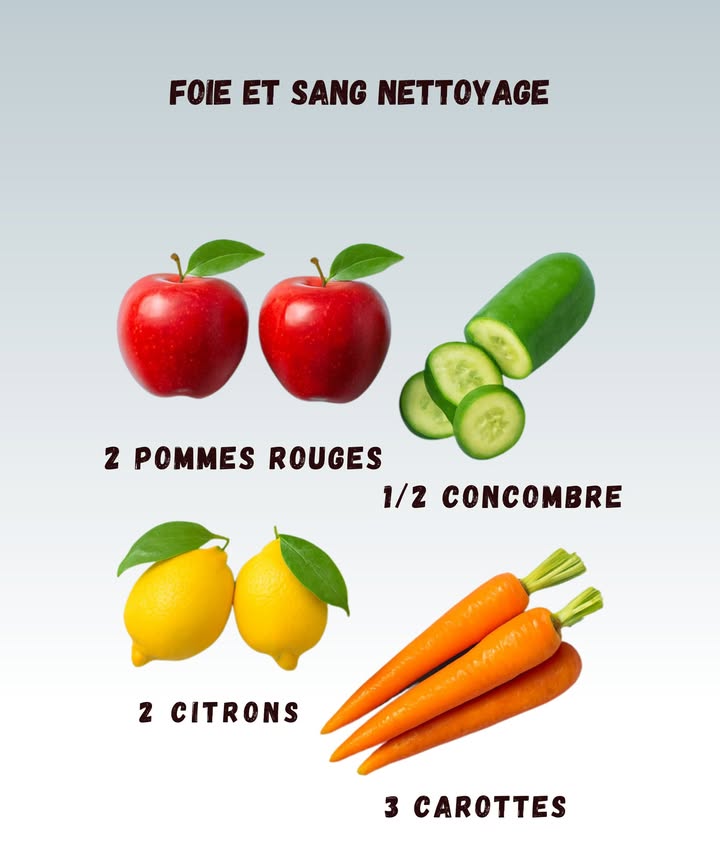 Boisson simple pour chouchouter votre foie 勒

1 Deux pommes rouges pour une base douce et agréable oui, même si on en mange déjà trois en douce dans la journée
2 Un demi-concombre pour rafraîchir et alléger et non, ce nest pas juste pour la salade !
3 Deux citrons pour donner un petit coup de peps et vous faire faire une grimace, cest normal
4 Trois carottes pour la couleur et la dose de bêta-carotène qui fait du bien

Un petit mix, un grand verre, et hop on a limpression dêtre super healthy, même si on a craqué sur un dessert hier !