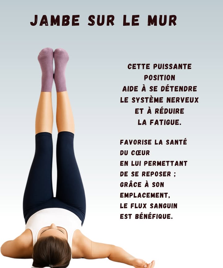 律 Jambes au Mur : la posture toute simple qui change tout 律

1 Une détente instantanée
Cette position aide le système nerveux à se calmer et réduit la fatigue. Parfait quand on a eu une journée où même le café na pas réussi à suivre.

2 Un vrai repos pour le cœur
En relevant les jambes, le cœur travaille moins et peut souffler un peu. On dirait presque quil dit  merci  en silence.

3 Un meilleur flux sanguin
La gravité fait le travail : le sang circule mieux et les jambes se dégonflent. Idéal après être resté debout trop longtemps ou après avoir couru partout sans raison.

4 Une posture facile à tenir
On sallonge, on lève les jambes contre un mur, on respire, et cest tout. Le seul risque, cest dy rester plus longtemps que prévu parce que cest trop agréable.

5 Un rituel à adopter
Une minute suffit déjà pour ressentir un soulagement. Et si on oublie de le faire un soir, ce nest pas grave : le mur ne va pas nous en vouloir.

Envie dessayer ce petit moment de calme ce soir ?