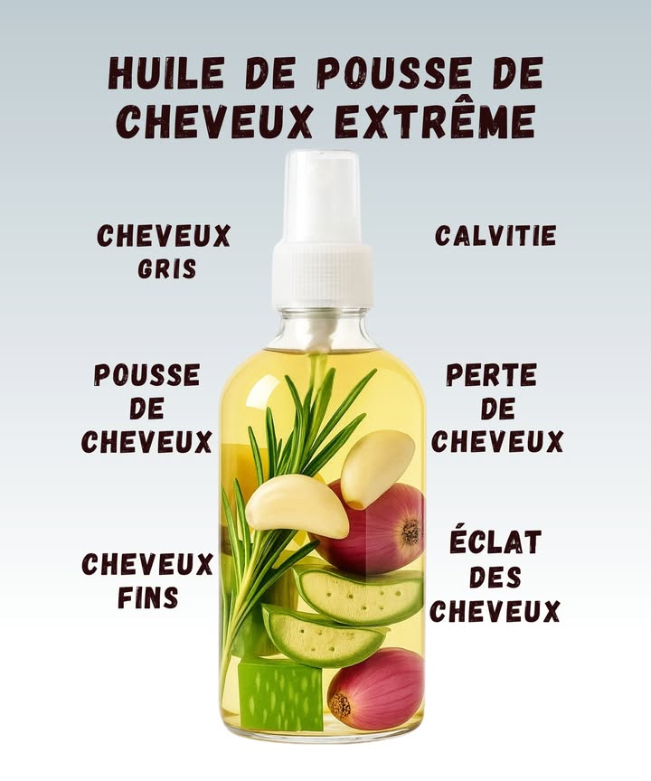Huile magique pour faire pousser les cheveux 

Une huile simple, naturelle mais puissante pour réveiller les racines et renforcer chaque mèche.
Et oui, on utilise des ingrédients de cuisine comme quoi, la nature fait tout 

1暈 Oignon
Stimule la circulation du cuir chevelu  aide la repousse.
Oui, lodeur est là mais les résultats aussi 

2龍 Ail
Fortifie les racines et limite la chute.
Petit conseil : on en met peu sinon le cuir chevelu dit stop 

3 Romarin
Active la croissance et donne de léclat.
Une vraie star dans les soins capillaires.

4 Aloe vera
Hydrate, apaise et adoucit les cheveux fins.
Bye-bye cuir chevelu sec 

5便 Huile de base coco, olive ou ricin
Nourrit profondément et rend les cheveux plus forts.

Comment lutiliser ?
Chauffe légèrement lhuile entre tes mains, applique sur le cuir chevelu en massant 3 à 5 minutes.
Laisse poser 1 heure ou toute la nuit, puis lave.
2 à 3 fois par semaine, tout en douceur 

 Petit rappel doux
La constance = résultats.
Et on évite dabandonner après 2 jours parce quon na pas encore une chevelure de sirène 

 Résultat
Cheveux plus forts, plus brillants et une repousse stimulée naturellement
