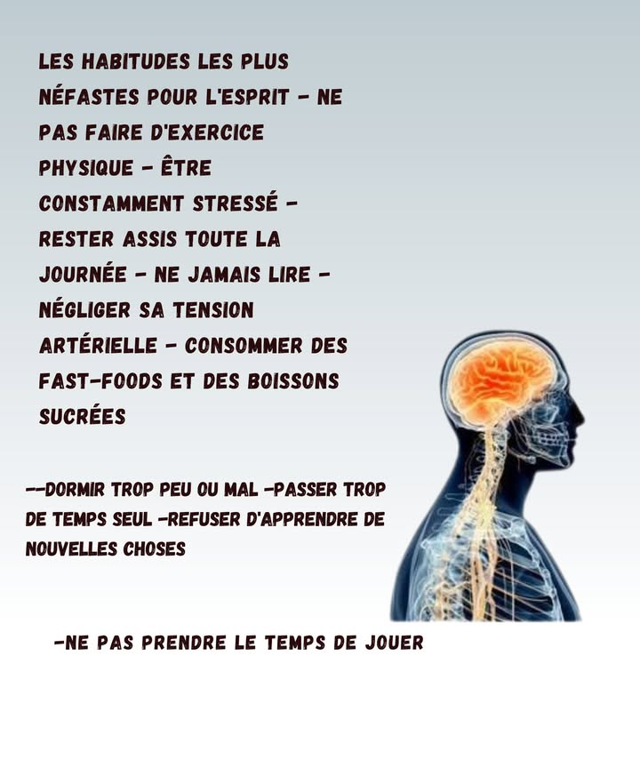 易 Habitudes qui abîment vraiment lesprit 易

1 Ne jamais faire dexercice
On promet toujours demain je my mets et demain ressemble étrangement à aujourdhui.

2 Être stressé en permanence
Le cerveau tourne à 300 %, même pour choisir un simple menu. Fatiguant pour tout le monde, surtout pour nous.

3 Rester assis toute la journée
On devient presque fusionnel avec la chaise pas top pour lénergie.

4 Ne jamais lire
Même quelques pages changent tout. Mais on finit souvent sur le téléphone au lieu douvrir un livre coupable aussi.

5 Négliger sa tension artérielle
On se dit ça va, je suis jeune jusquà ce quon regrette de ne pas avoir vérifié avant.

6 Trop de fast-foods et de boissons sucrées
Délicieux sur le moment un peu moins après. Surtout quand le cerveau réclame un vrai carburant.

7 Dormir trop peu ou mal
On pense gagner du temps et on perd toute concentration derrière.

8 Passer trop de temps seul
Même les introvertis ont besoin dun petit coucou humain de temps en temps.

9 Refuser dapprendre de nouvelles choses
Le cerveau adore la nouveauté. Il déteste la routine même si nous, on sy accroche parfois.

 Ne pas prendre le temps de jouer
Un jeu, une blague, un moment léger ça détend lesprit plus quon ne limagine.