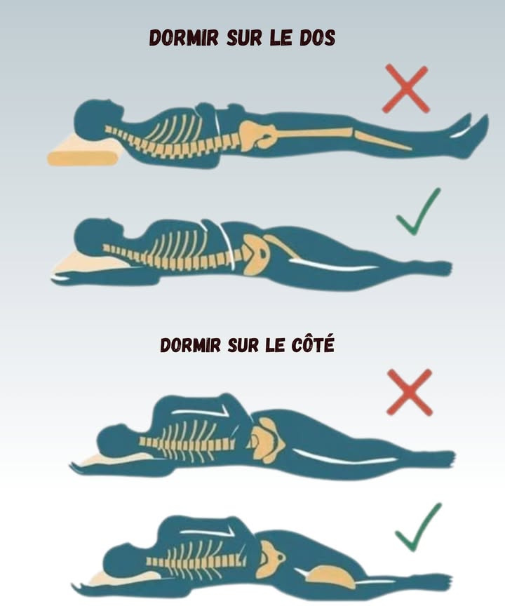 La bonne position pour mieux dormir et protéger ton dos 

1 Dormir sur le dos
Placer un coussin sous les genoux aide à garder la colonne bien alignée.
Sans ça, on se réveille en mode robot qui craque au moindre mouvement 

2 Dormir sur le côté
Garde ton oreiller assez haut pour que ton cou reste droit.
Et surtout, mets un petit coussin entre les genoux oui, ça change tout 勞

3 Évite les jambes tendues ou tordues
Quand les jambes tirent, le bas du dos suit et bonjour les douleurs au réveil.

4 Règle simple
Si tu te réveilles fatiguée, ce nest pas toi le problème cest ta position de sommeil 

Petit clin dœil :
On a tous dit je dors très bien jusquau jour où on essaie la bonne position et là, on dort comme un bébé 辰