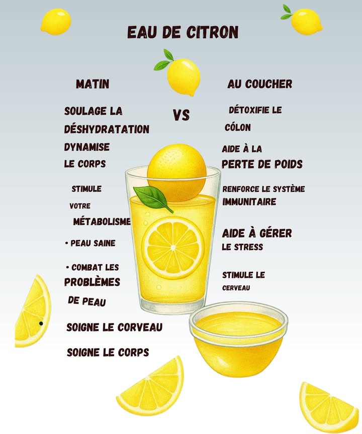 Eau de Citron : Matin ou Soir ? 

1 Le matin réveille ton corps
Parfait si tu te lèves avec la tête encore en mode  snooze . Leau citronnée hydrate, dynamise et relance ton métabolisme. Et oui, ta peau adore aussi même si tu oublies parfois ta crème.

2 Le soir aide ton corps à se nettoyer
Un verre au coucher soutient la détox du côlon et aide à la perte de poids. Cest un peu comme appuyer sur le bouton  reset  après une longue journée.

3 Matin = énergie  Soir = détente
Le matin, hop un boost pour le cerveau. Le soir, ça calme, ça aide à gérer le stress idéal si tu as encore pensé à ta to-do list en pyjama.

4 Dans tous les cas, ton système immunitaire te dit merci
Que tu sois plutôt team soleil levant ou team bonne nuit, le citron soutient toujours tes défenses.

Alors, tu le prends quand ton verre magique aujourdhui ?