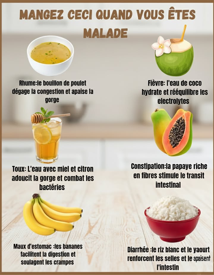 裸 Que manger quand on est malade ?
Quand le corps lutte, certains aliments peuvent vraiment aider à se sentir mieux :

 Rhume : un bon bouillon de poulet pour dégager et apaiser
便 Fièvre : leau de coco pour réhydrater et recharger en électrolytes
 Toux : eau tiède  miel  citron pour calmer la gorge
 Maux destomac : la banane facilite la digestion
 Constipation : la papaye, riche en fibres, relance le transit
 Diarrhée : riz blanc et yaourt pour apaiser et solidifier

 Prendre soin de son alimentation, cest déjà commencer à guérir.
