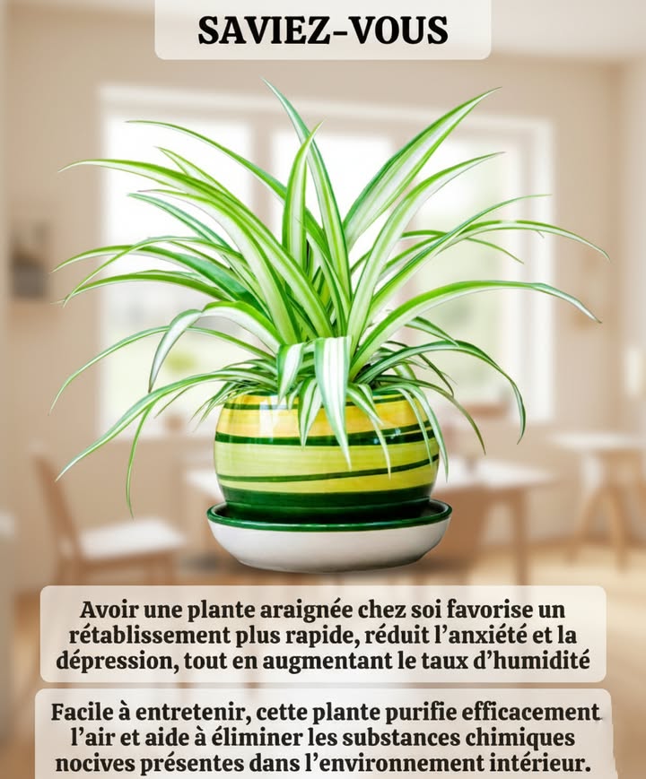 SAVIEZ-VOUS ? 
La plante araignée Chlorophytum nest pas quune jolie plante elle fait du bien à ton corps et à ta maison ! 

 Réduit lanxiété et le stress
 Aide contre la dépression
 Accélère le rétablissement
 Augmente lhumidité de lair
 Purifie efficacement lair intérieur
 Élimine certaines substances nocives

Et le meilleur ? Elle est ultra facile à entretenir, même si tu nas pas la main verte