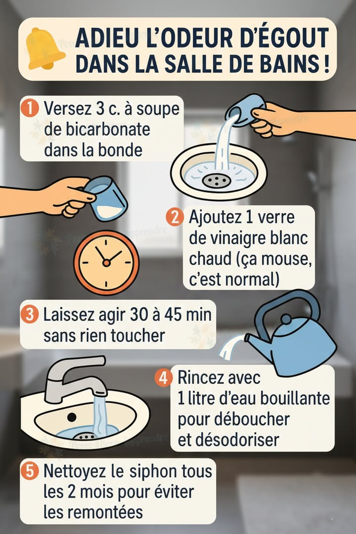 Adieu les mauvaises odeurs dans la salle de bain !

Marre de lodeur dégout qui remonte du lavabo ? 
Voici une astuce naturelle, simple et ultra efficace 

1 Versez 3 c. à soupe de bicarbonate de soude dans la bonde
2 Ajoutez 1 verre de vinaigre blanc chaud ça mousse, cest normal 
3 Laissez agir 30 à 45 minutes sans rien toucher
4 Rincez avec 1 litre deau bouillante pour déboucher et désodoriser
5 Et surtout, nettoyez le siphon tous les 2 mois pour éviter les remontées !

 Résultat : une salle de bain fraîche et sans odeur  sans produits chimiques
