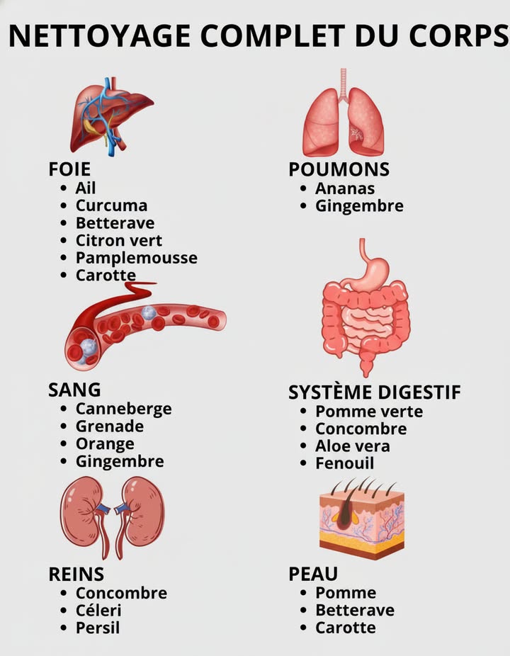律 Nettoyage complet du corps : les aliments qui purifient naturellement ton organisme

Ton corps te parle  aide-le à se régénérer de façon naturelle et efficace 

變 FOIE : ail, curcuma, betterave, citron vert, pamplemousse, carotte
 POUMONS : ananas, gingembre
喝 SANG : canneberge, grenade, orange, gingembre
 SYSTÈME DIGESTIF : pomme verte, concombre, aloe vera, fenouil
 REINS : concombre, céleri, persil, citron
 PEAU : pomme, betterave, carotte

 Ces aliments favorisent la détox, lénergie et la vitalité au quotidien.