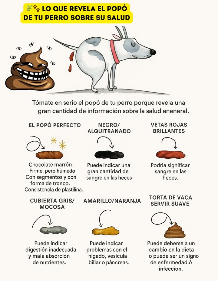 Lo que revela el popó de tu perro sobre su salud

El estado de las heces caninas ofrece información valiosa sobre el bienestar general.

 El popó perfecto: Marrón chocolate, firme pero húmedo, con forma segmentada y olor ligero.
 Negro/alquitranado: Puede indicar presencia de una gran cantidad de sangre.
 Vetado de rojo brillante: Puede significar sangre fresca en las heces.
 Cubierta gris/mucosa: Señal de digestión inadecuada o mala absorción de nutrientes.
 Amarillo/naranja: Puede asociarse a problemas en hígado, vesícula biliar o páncreas.
癩 Blanda/consistencia tipo boñiga: Relacionada con cambios en la dieta o posibles infecciones.

 Observar las deposiciones de tu perro es una herramienta sencilla pero poderosa para cuidar de su salud.