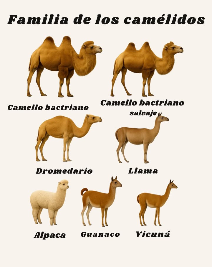 Secretos de la Familia de los Camélidos 

1 Camello bactriano: de doble joroba, símbolo de resiliencia en ambientes áridos y fríos.

2 Camello bactriano salvaje: extremadamente raro, sobrevive en los desiertos extremos de Asia Central.

3 Camello dromedario: de una sola joroba, elegante y adaptado a las arenas cálidas.

4 Llama: domesticada en los Andes, utilizada como animal de carga y también por su lana.

5 Alpaca: produce fibras finas y suaves, muy apreciadas para la confección de tejidos.

6 Guanaco: ágil, resistente y salvaje, adaptado a las altitudes y los duros climas de la puna andina.

7 Vicuña  ofrece la fibra natural más fina y cara del mundo, protegida y símbolo de prestigio desde la época Inca.