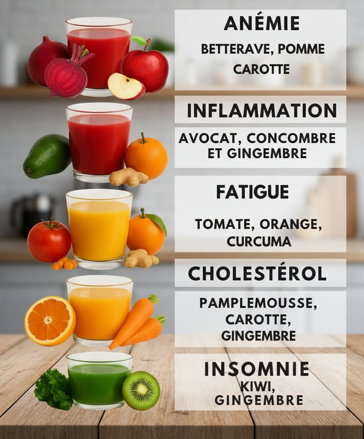 Des jus naturels pour chaque besoin du corps ! 
Pourquoi prendre des médicaments quand la nature nous offre tout ce quil faut ? 

 Anémie  Betterave, pomme, carotte
 Inflammation  Avocat, concombre, gingembre
 Fatigue  Tomate, orange, curcuma
 Cholestérol  Pamplemousse, carotte, gingembre
 Insomnie  Kiwi, gingembre

Frais, colorés et pleins de bienfaits 
 À consommer le matin pour faire le plein dénergie naturellement !
