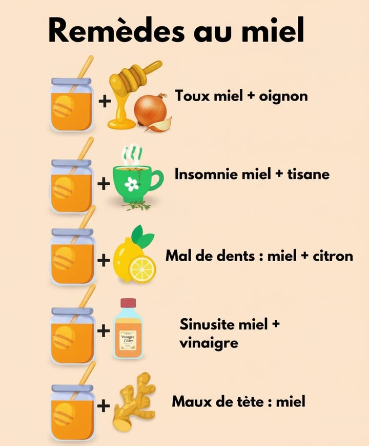 5 Remèdes naturels à base de miel 
Le miel nest pas seulement délicieux il peut aussi devenir un vrai allié pour soulager certains petits maux du quotidien !

 Toux : miel  oignon
Un sirop maison qui adoucit la gorge et calme lirritation.

 Insomnie : miel  tisane
Une cuillère de miel dans une infusion chaude aide à détendre le corps avant le coucher.

 Mal de dents : miel  citron
Le citron désinfecte, le miel apaise : un duo express en cas de douleur légère.

蠟 Sinusite : miel  vinaigre
Une combinaison qui peut aider à dégager le nez et réduire linflammation.

洛 Maux de tête : miel  gingembre
Un mélange réchauffant qui stimule la circulation et peut réduire les tensions.

 Des solutions simples, naturelles et souvent déjà dans la cuisine !