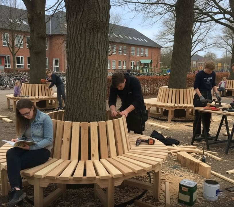 Au Danemark, les élèves en menuiserie apprennent à créer des bancs qui épousent les arbres plutôt que de les couper. 
Chaque banc est façonné sur mesure pour entourer le tronc sans le blesser, devenant à la fois œuvre dart, hommage et lieu de repos.

Ce qui devait être un simple exercice pratique sest transformé en mouvement national : écoles et artisans unissent leurs talents pour installer ces bancs embrasseurs darbres dans les parcs et villages du pays  symboles de respect, de créativité et dharmonie avec la nature.