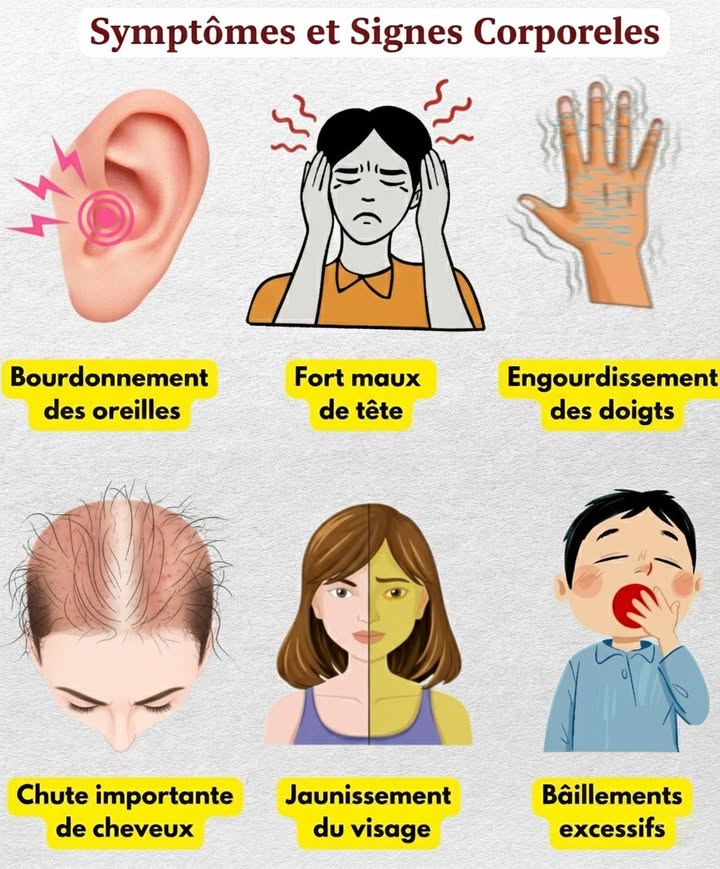 Attention à ces signes que votre corps vous envoie !

Certains symptômes paraissent anodins pourtant ils peuvent révéler un manque important, un stress excessif ou un déséquilibre dans lorganisme :

 Bourdonnement des oreilles
洛 Forts maux de tête
 Engourdissement des doigts
六零 Chute soudaine des cheveux
 Jaunissement du visage
辰 Bâillements excessifs

Si plusieurs de ces signes apparaissent en même temps, nignorez pas : votre corps vous parle.
Un simple check-up médical peut éviter de gros problèmes plus tard