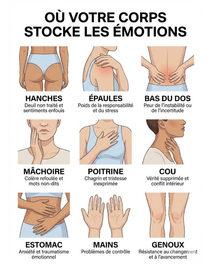 Saviez-vous que vos émotions peuvent se loger dans votre corps ? Explorez cette carte émotionnelle : des hanches au cou, chaque zone révèle une histoire. Écoutez votre corps pour une vie plus équilibrée. 

#fblifestyle #santémentale #corpsesprit #introspection