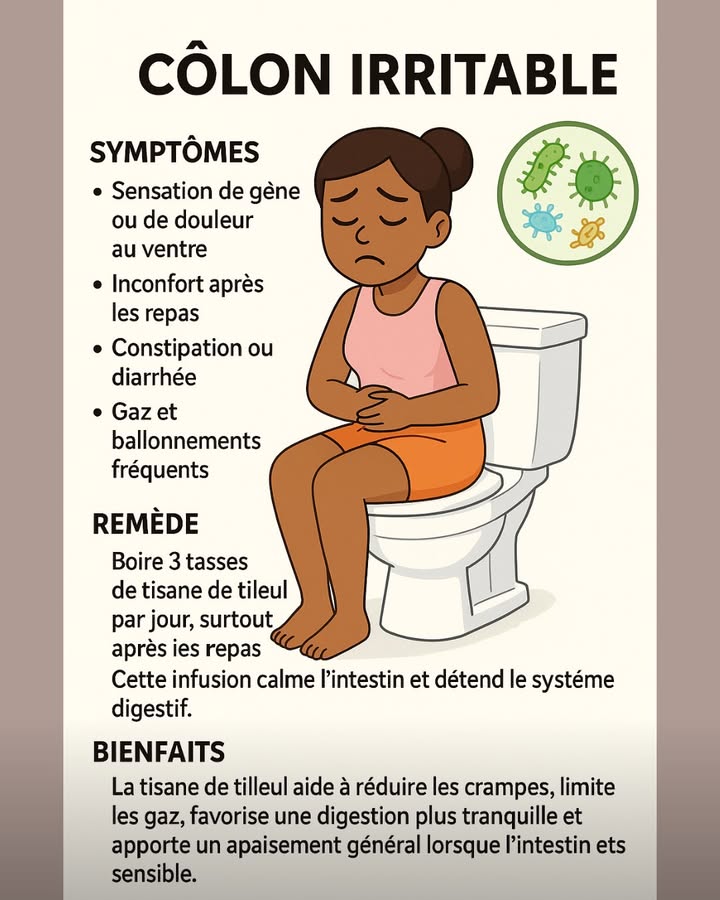 Un côlon irritable ne se contente pas dembêter le ventre, il perturbe la journée entière. Après quelques bouchées seulement, on a limpression davoir trop mangé. Le ventre se gonfle, parfois à vue dœil, et les douleurs changent dintensité selon les moments. Le transit joue au yo-yo: constipation un jour, diarrhée le lendemain, avec des gaz qui compliquent encore plus le confort. 

Un geste naturel reste souvent efficace. Trois tasses de tisane de tilleul dans la journée, idéalement après chaque repas, aident lintestin à se relâcher. Le tilleul calme les crampes, réduit les ballonnements, soutient la digestion et aide aussi à limiter la rétention deau. 

Avec des repas plus simples, un rythme un peu plus posé et quelques moments où lon laisse vraiment le corps souffler, lintestin retrouve plus facilement son équilibre et le ventre devient moins réactif.