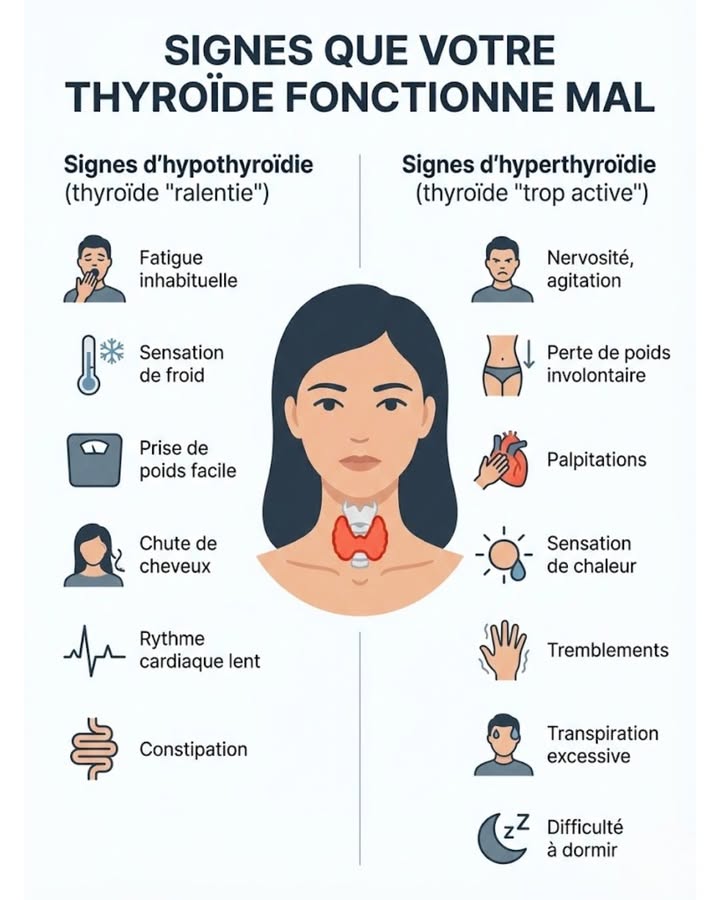 Votre thyroïde vous envoie des signaux ? Apprenez à les décoder ! Essentielle pour lénergie, le poids, lhumeur et le cœur, une thyroïde déréglée émet des signaux clés. Hypothyroïdie : fatigue intense, sensation de froid, prise de poids inexpliquée, peau sèche et perte de cheveux, rythme cardiaque ralenti. Hyperthyroïdie : nervosité et agitation, perte de poids rapide, palpitations cardiaques, tremblements, insomnies. Pourquoi cest crucial ? Un trouble thyroïdien ignoré peut nuire à votre énergie, votre moral et votre cœur. Un diagnostic précoce facilite le traitement. Consultez un médecin si vous observez ces symptômes. #fblifestyle #thyroide #sante #hormones