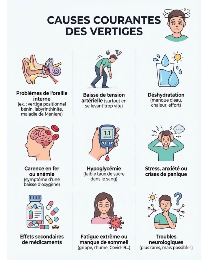 Les vertiges, pourquoi sont-ils si fréquents ? Souvent bénins, il est crucial de comprendre leurs origines. Les causes courantes incluent les soucis doreille interne, la baisse de tension, la déshydratation, le manque de fer, lhypoglycémie, le stress, certains médicaments, la fatigue, les virus et rarement, des troubles neurologiques. Consultez si les vertiges persistent, causent des chutes, affectent la vision ou la parole, ou saccompagnent dengourdissement. Soyez attentif à votre corps! Prenez soin de vous. 

#fblifestyle #santé #vertiges #bienêtre