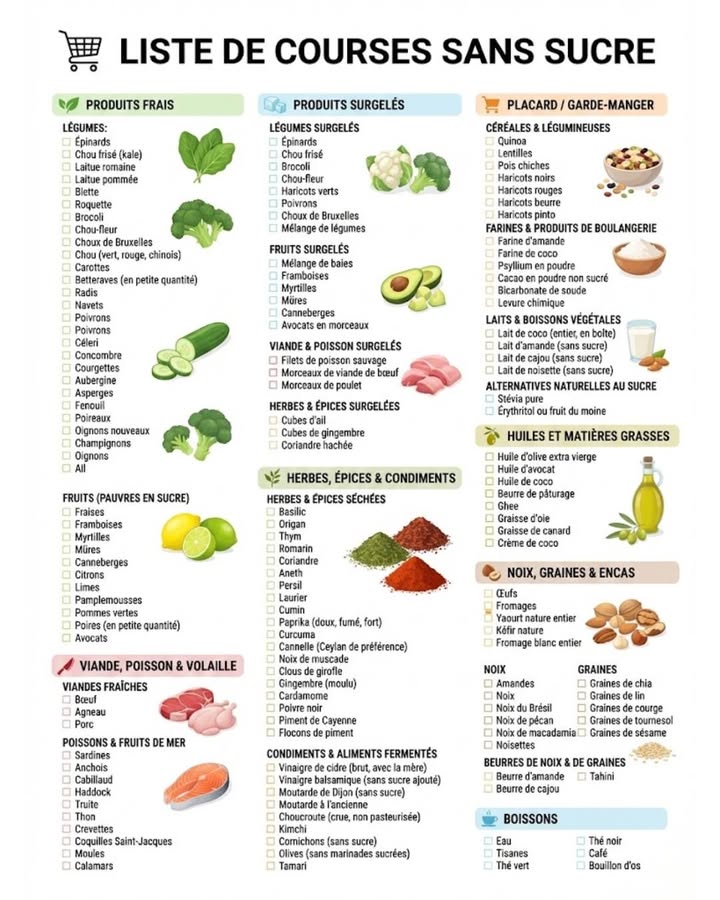Découvrez une liste de courses complète sans sucre pour une alimentation saine et équilibrée ! Des produits frais aux boissons, en passant par les noix et les graines, faites le plein didées !

#fblifestyle #bienmanger #cuisine