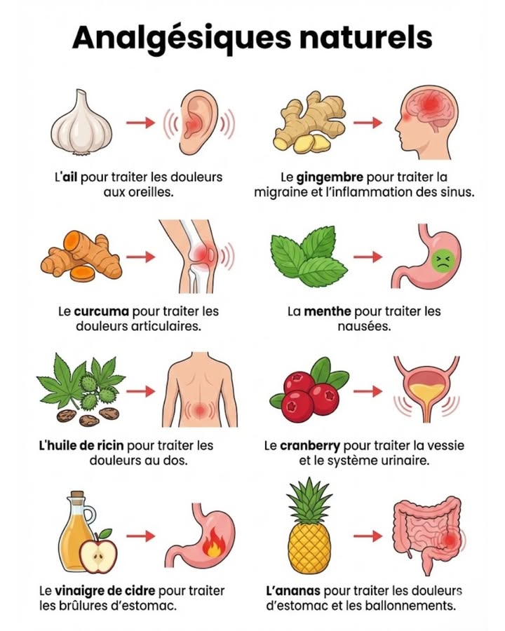 Fatigué des douleurs? Explorez ces analgésiques naturels! Lail, le gingembre, le curcuma, et bien dautres, peuvent vous aider à apaiser divers maux. Une approche naturelle pour un bien-être optimal.

#fblifestyle #remedesnaturels #bienêtre #sante