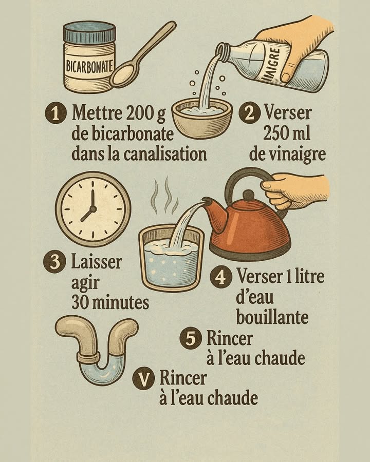 Une odeur dégout qui remonte du lavabo ou de la douche? Pas la peine de sortir lartillerie chimique, un geste tout simple suffit.

1. Balance environ 100 g de bicarbonate dans louverture
   Il capte les odeurs et décroche les dépôts collés au passage.

2. Verse ensuite un bon trait de vinaigre blanc
   La mousse qui se forme, cest le signe que ça décroche la saleté.

3. Patiente dix minutes
   Le mélange travaille pendant que tu fais autre chose.

4. Rince avec un litre deau très chaude
   Ça chasse les graisses et les restes qui bloquaient le flux.

Résultat: les mauvaises odeurs disparaissent, les petits bouchons se désagrègent et tout coule plus facilement.
Cest naturel, économique, et ça marche sur tous les points deau.

Astuce en plus: refaire lopération régulièrement pour éviter que les odeurs reviennent.