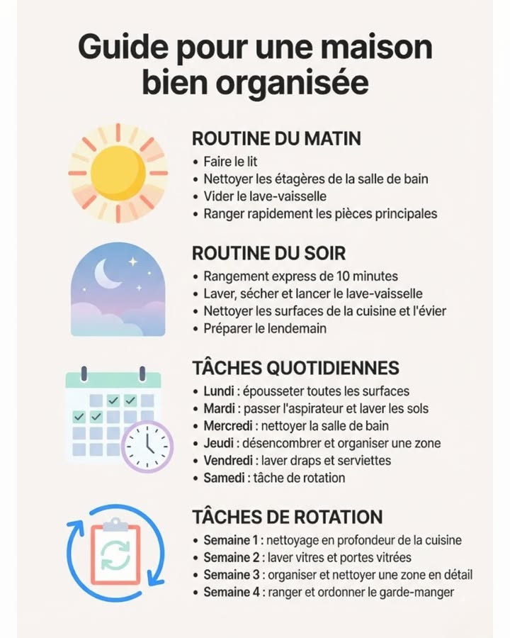 Routine facile pour une maison impeccable 
 Le matin
1 Ventiler et faire le lit 
2 Nettoyer rapidement la salle de bain 識
3 Vider le lave-vaisselle 
4 Organiser le salon et la cuisine 
 Le soir
1 Ranger pendant 10 minutes 
2 Faire tourner le lave-vaisselle 
3 Nettoyer la cuisine 什
4 Préparer ce quil faut pour le lendemain 
 Les tâches quotidiennes
1 Lundi : faire la poussière 
2 Mardi : nettoyer les sols 粒
3 Mercredi : nettoyer la salle de bain 
4 Jeudi : trier et désencombrer 
5 Vendredi : changer le linge de lit 
6 Samedi : tâche spéciale de la semaine 
 Les tâches spéciales
1 S1 : nettoyer la cuisine à fond 
2 S2 : nettoyer les fenêtres 犯
3 S3 : organiser un endroit précis 
4 S4 : réorganiser le garde-manger 參
 Des gestes simples pour une maison agréable 

#fblifestyle #organisationmaison #maison