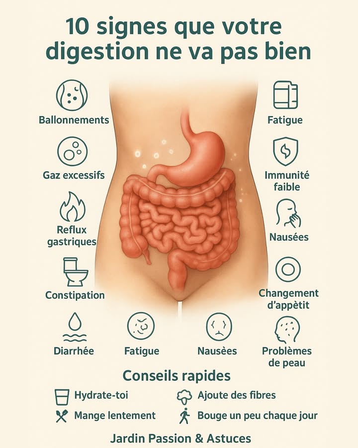 10 signes que votre digestion ne va pas bien  et ce quils signifient

Une digestion déséquilibrée peut toucher bien plus que votre ventre. Voici pourquoi ces symptômes apparaissent et ce quils veulent dire :

 1. Ballonnements

Souvent causés par une mauvaise fermentation des aliments : repas trop rapides, aliments mal digérés ou déséquilibre du microbiote.

 2. Gaz excessifs

Normaux en petite quantité, mais excessifs si lintestin peine à décomposer certains aliments.

 3. Reflux gastriques

Acidité qui remonte vers lœsophage ; souvent lié à des repas copieux, gras, ou pris trop vite.

 4. Constipation

Manque de fibres, deau ou de mouvement. Peut aussi être signe dun transit trop lent.

 5. Diarrhée

Souvent réaction à un aliment irritant, une intolérance ou un déséquilibre bactérien.

 6. Fatigue

Quand la digestion coince, le corps dépense plus dénergie pour digérer et vous en laisse moins.

 7. Nausées

Peuvent venir dune digestion trop lente, dun excès de graisses ou dun estomac irrité.

 8. Changement dappétit

Trop faim ou pas faim du tout : lintestin influence directement les hormones de la satiété.

 9. Immunité faible

70 % des cellules immunitaires se trouvent dans lintestin. Quand il va mal, les défenses chutent.

 10. Problèmes de peau

Acné, rougeurs ou eczéma peuvent refléter une inflammation intestinale ou un déséquilibre du microbiote.

 Comment améliorer votre digestion au quotidien ?
 1. Hydratez-vous

Leau facilite le transit, lubrifie les intestins et aide à éliminer les toxines.

綾 2. Ajoutez des fibres progressivement

Légumes, fruits, légumineuses, flocons davoine. Indispensables pour nourrir les bonnes bactéries.

 3. Mangez lentement

La digestion commence dans la bouche. Bien mâcher = moins de ballonnements et de reflux.

 4. Bougez un peu chaque jour

La marche active doucement le transit et réduit la constipation.

律 5. Réduisez le stress

Le système digestif est extrêmement sensible au stress. Respiration, pauses, sommeil essentiels !

離 6. Identifiez vos déclencheurs

Produits laitiers, gluten, fritures, aliments ultra-transformés chacun a ses propres sensibilités.

 En résumé

Un ventre qui va bien = plus dénergie, meilleure peau, immunité plus forte et bien-être général.
Écoutez vos signes, ajustez vos habitudes, et votre digestion vous remerciera