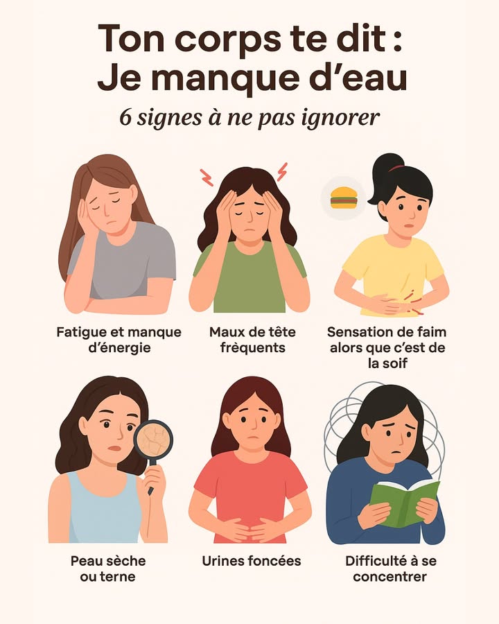 Ton corps te parle : Écoute les signes de déshydratation !
Même une légère déshydratation peut avoir un impact sur ton énergie, ta concentration et ta santé globale. Voici 6 signes à ne pas ignorer 

1 Fatigue et manque dénergie
2 Maux de tête fréquents
3 Sensation de faim alors que cest de la soif
4 Peau sèche ou terne
5 Urines foncées
6 Difficulté à se concentrer

 Astuce bien-être : bois régulièrement de leau tout au long de la journée, même sans attendre davoir soif.