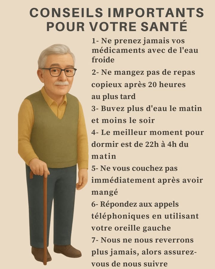 7 Conseils Simples Pour Améliorer Votre Santé au Quotidien

Prendre soin de sa santé ne demande pas toujours de grands changements. Parfois, ce sont les petites habitudes du quotidien qui font toute la différence. Voici quelques conseils essentiels à intégrer dans votre routine :

1 Évitez de prendre vos médicaments avec de leau froide.
2 Limitez les repas trop copieux le soir, surtout après 20h.
3 Buvez beaucoup deau le matin, moins le soir pour un meilleur confort de sommeil.
4 Privilégiez un sommeil entre 22h et 4h, période où le repos est le plus réparateur.
5 Ne vous couchez pas juste après avoir mangé : laissez votre corps digérer.
6 Répondez aux appels en utilisant loreille gauche pour réduire la fatigue auditive.
7 Et surtout prenez soin de vous chaque jour 

 Adoptez ces habitudes simples pour un meilleur bien-être !