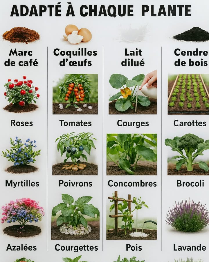 1. Marc de café  idéal pour :

 Roses
𢡄 Myrtilles
 Azalées

 Il acidifie légèrement le sol et booste la floraison.

讀 2. Coquilles dœufs  pour :

 Tomates
𣏕 Poivrons
勒 Courgettes

 Riches en calcium : préviennent la pourriture apicale et renforcent les tiges.

拏 3. Lait dilué  parfait pour :

 Courges
勒 Concombres
 Pois

 Très efficace pour prévenir certaines maladies fongiques.

 4. Cendre de bois  pour :

凌 Carottes
復 Brocoli
 Lavande

 Riche en potassium : stimule la résistance et un meilleur développement des racines.

Appliquez toujours vos engrais naturels en petite quantité pour éviter de déséquilibrer le sol.