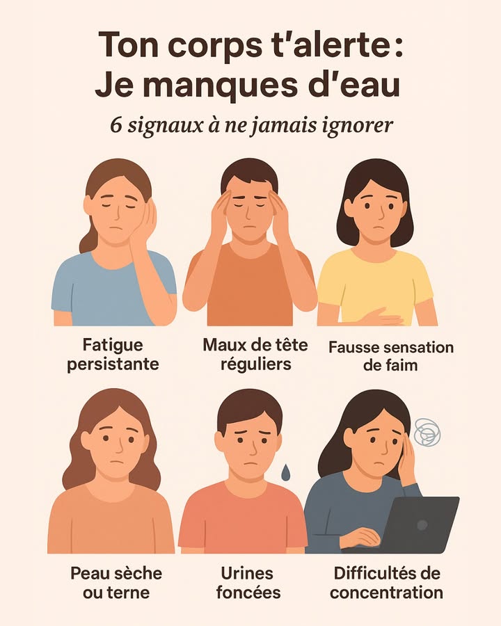 Déshydratation : les signes que ton corps tenvoie et que beaucoup ignorent

On pense souvent que la déshydratation, cest simplement avoir soif.
En réalité, la soif est le dernier signal, celui qui arrive quand ton corps manque déjà deau depuis un moment.

Voici ce que ton organisme tente de te dire 

 1. Fatigue persistante

Le manque deau réduit loxygénation des cellules et ralentit le métabolisme.
 Résultat : tu te sens lourde, sans énergie, même après avoir dormi.

洛 2. Maux de tête réguliers

Ton cerveau est composé à plus de 70 % deau.
Quand tu es déshydratée, il rétrécit légèrement, ce qui peut déclencher des douleurs.
 Cest lune des causes les plus fréquentes de migraines légères.

 3. Fausse sensation de faim

Le cerveau peut confondre la soif et la faim.
 Si tu as envie de grignoter alors que tu as mangé récemment, bois un verre deau et attends 10 minutes.

淪 4. Peau sèche ou terne

Leau hydrate la peau de lintérieur.
 Si tu remarques que ta peau tiraille, manque délasticité ou devient terne, cela peut révéler un manque dhydratation.

 5. Urines foncées

Cest un des indicateurs les PLUS fiables.
 Plus la couleur est foncée, plus tu manques deau.
La couleur idéale : jaune très clair, presque transparent.

 6. Difficultés de concentration

La déshydratation affecte la mémoire, lattention et la clarté mentale.
 Même 1 % de déshydratation peut réduire ta capacité de concentration.

 Combien faut-il boire ?

Il ny a pas de quantité universelle, mais voici un repère simple :
 Ton urine doit être claire la majorité du temps.
 Bois régulièrement, pas seulement quand tu as soif.
 Adapte ta consommation si tu fais du sport, en période de chaleur ou si tu consommes du café.

 Astuces pour boire plus facilement

 Garde une bouteille près de toi toute la journée
 Ajoute des morceaux de citron, menthe, fruits rouges
 Bois un verre deau à chaque repas et collation
 Privilégie leau avant les boissons sucrées