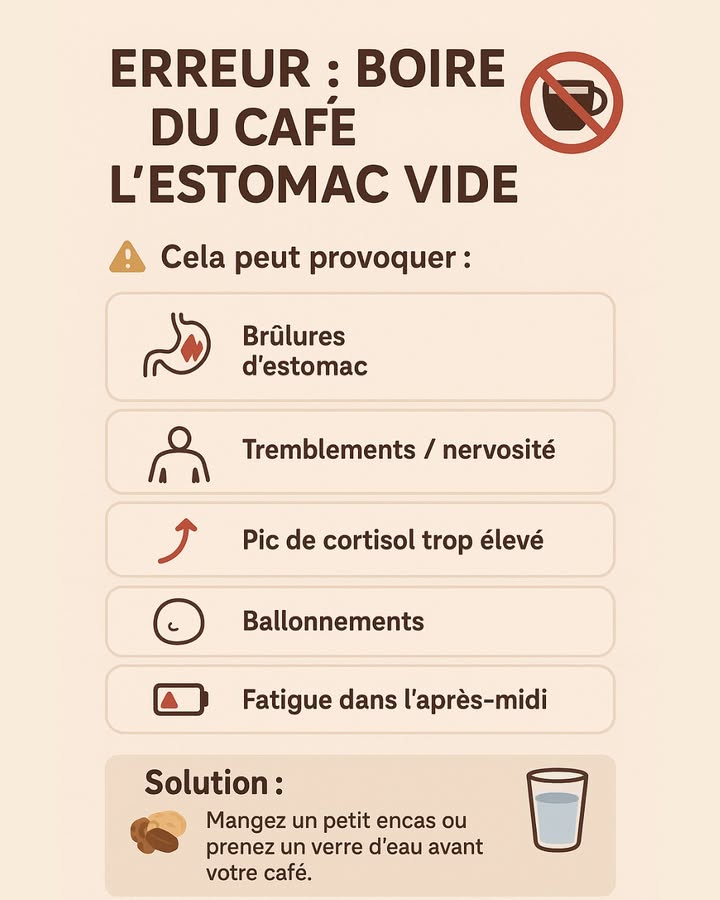 Erreur courante : boire du café lestomac vide

Beaucoup de gens commencent la journée avec un café mais à jeun, ce geste simple peut déclencher plusieurs désagréments.

 Voici ce que cela peut provoquer :

 Brûlures destomac
 Tremblements / nervosité
 Pic de cortisol trop élevé
 Ballonnements
 Fatigue dans laprès-midi

 La solution ?

Avant ton café, prends un petit encas amandes, pomme, biscuit
ou un verre deau pour éviter les pics dacidité et de stress.

 Un geste simple pour une journée plus stable et plus énergique !