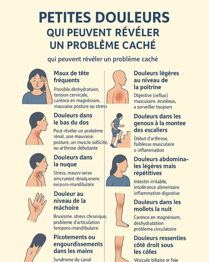 Petites douleurs du quotidien : quand faut-il sinquiéter ?

On néglige souvent certaines douleurs légères pourtant, elles peuvent parfois être le signal dun problème caché .
Voici quelques signes à ne pas ignorer :

易 Maux de tête répétés
 Déshydratation, stress, mauvaise posture ou carence en magnésium.

 Douleur dans le bas du dos
 Problème rénal, tensions musculaires ou début darthrose.

 Douleurs dans la nuque
 Stress, posture du téléphone, oreiller inadapté.

 Douleur à la mâchoire
 Bruxisme grincement, stress chronique.

 Picotements dans les mains
 Canal carpien, nerf coincé ou mauvaise circulation.

 Douleur légère à la poitrine
 Souvent digestif ou musculaire, mais toujours à surveiller.

例 Genoux douloureux dans les escaliers
 Début darthrose ou faiblesse musculaire.

 Crampes nocturnes dans les mollets
 Déshydratation ou carence en magnésium.

若 Douleurs abdominales récurrentes
 Intolérances, inflammation ou syndrome de lintestin irritable.

 Douleurs sous les côtes à droite
 Vésicule biliaire ou foie.

 Écoutez votre corps.

Ces douleurs ne signifient pas toujours quelque chose de grave, mais si elles se répètent, mieux vaut consulter.