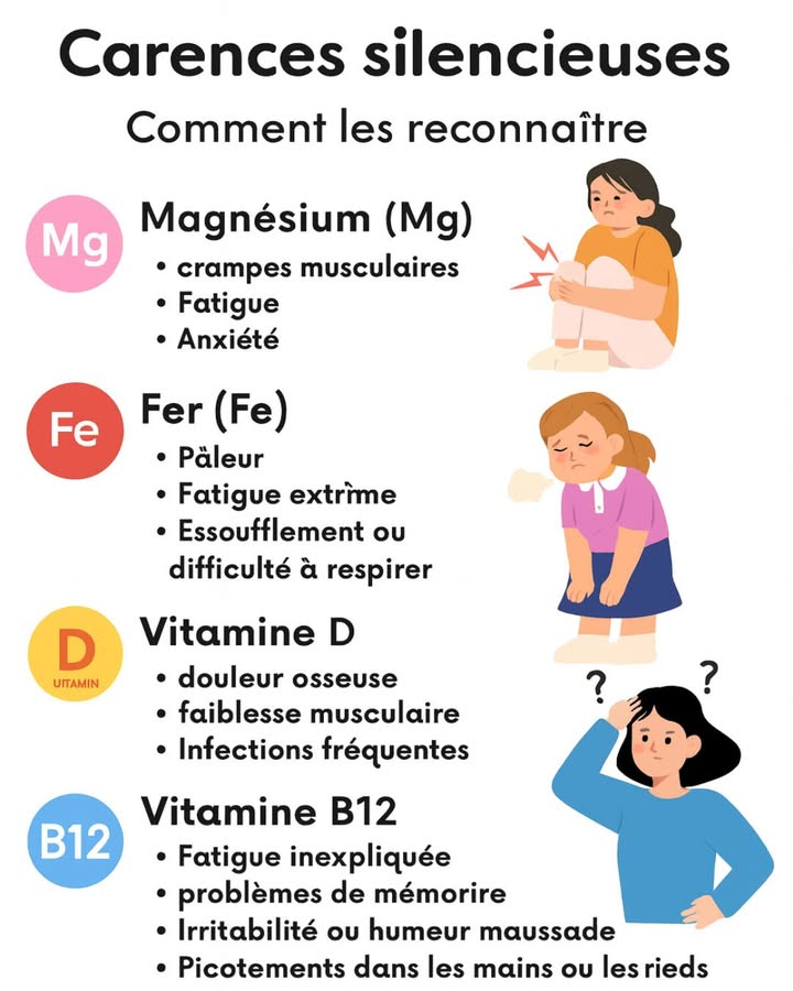 Saviez-vous que certaines carences peuvent passer inaperçues jusquà ce que votre corps tire la sonnette dalarme ?
Magnésium, fer, vitamine D, vitamine B12 : ces nutriments jouent un rôle essentiel dans notre énergie, notre humeur, et même notre système immunitaire.

 Voici quelques signes à ne pas ignorer :

 Magnésium Mg
 Crampes musculaires
 Fatigue
 Anxiété

 Fer Fe
 Pâleur
 Fatigue extrême
 Essoufflement ou difficulté à respirer

 Vitamine D
 Douleurs osseuses
 Faiblesse musculaire
 Infections fréquentes

 Vitamine B12
 Fatigue inexpliquée
 Problèmes de mémoire
 Irritabilité / humeur instable
 Picotements dans les mains ou les pieds

 Un simple bilan sanguin peut aider à confirmer une carence.
Si vous vous reconnaissez dans ces symptômes, nhésitez pas à demander conseil à un professionnel de santé.