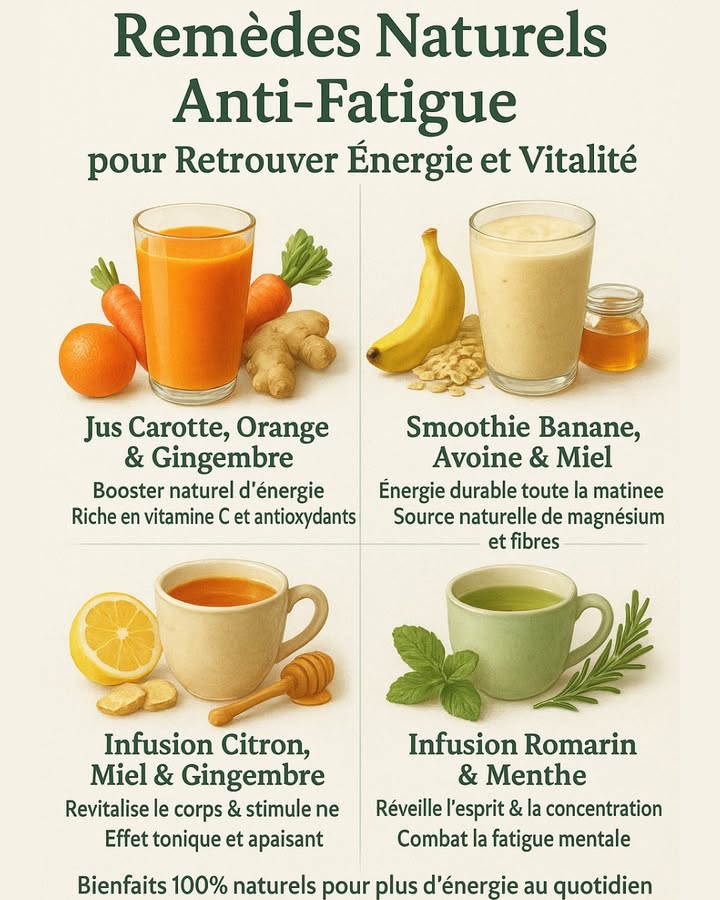 Fatigue chronique ? Il est temps de recharger tes batteries !
Entre le stress, le manque de sommeil et une alimentation déséquilibrée, notre corps finit par sépuiser 

Heureusement, la nature a tout prévu 
Découvre 5 recettes naturelles, simples et délicieuses pour retrouver ton énergie sans café ni stimulants artificiels.