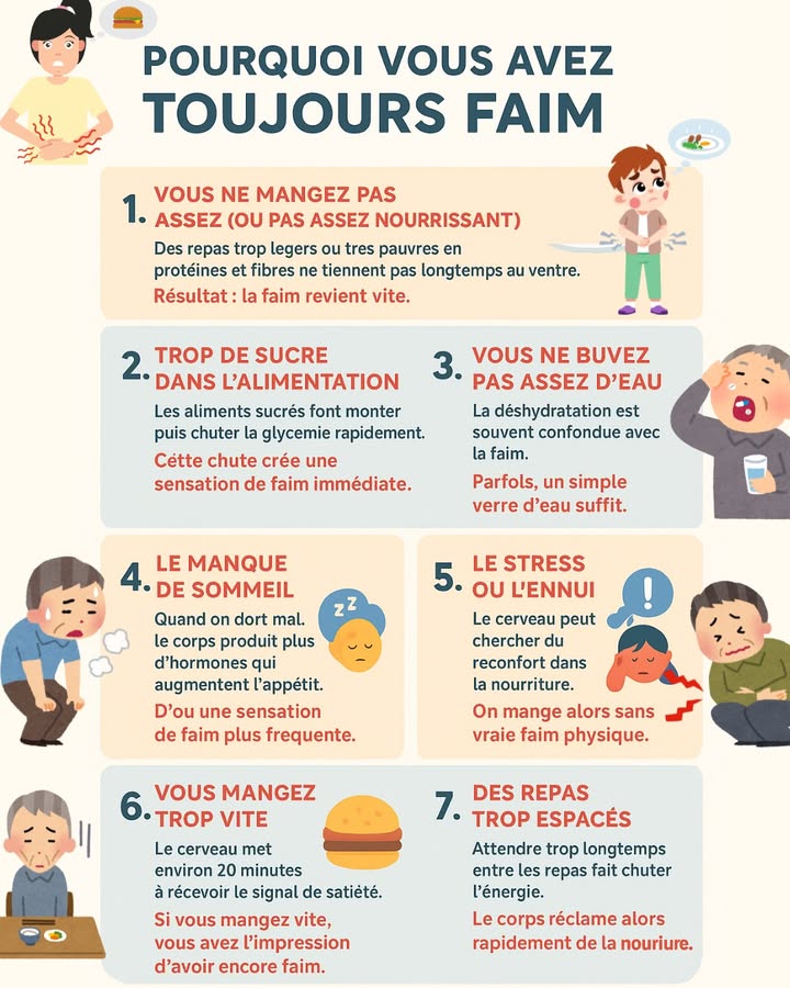 Pourquoi vous avez toujours faim ?

Avoir faim tout le temps nest pas normal et cest souvent un signal que votre corps essaie de vous envoyer 

Voici les raisons les plus courantes :

 1. Vos repas ne sont pas assez nourrissants
Peu de protéines, peu de fibres = satiété courte.

 2. Trop de sucre dans lalimentation
La glycémie monte, redescend et la faim revient immédiatement.

 3. Vous ne buvez pas assez deau
La déshydratation se confond facilement avec la faim.

 4. Le manque de sommeil
Mauvaise nuit = hormones qui augmentent lappétit.

 5. Le stress ou lennui
On cherche du réconfort dans la nourriture sans vraie faim.

 6. Vous mangez trop vite
Le cerveau a besoin denviron 20 minutes pour sentir la satiété.

 7. Des repas trop espacés
Des longues heures sans manger = chute dénergie  faim intense.