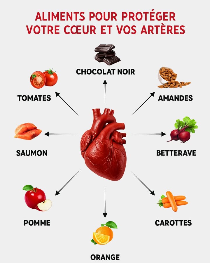 Protégez Votre Cœur Naturellement 

Saviez-vous que certains aliments sont de véritables alliés pour votre cœur et vos artères ?
 Ils aident à réduire le cholestérol, améliorer la circulation sanguine et renforcer votre santé cardiovasculaire.

變 Voici les meilleurs aliments pour un cœur en pleine forme :
 Tomates  riches en lycopène, elles protègent les artères.
 Chocolat noir  favorise une bonne tension et réduit le stress oxydatif.
 Saumon  plein doméga-3, il régule le rythme cardiaque.
 Pomme  aide à réduire le mauvais cholestérol LDL.
 Orange  source de vitamine C et dantioxydants.
凌 Carottes  riches en bêta-carotène, elles protègent les vaisseaux.
塞 Betterave  stimule la circulation sanguine.
 Amandes  bonnes graisses et fibres pour un cœur solide.

 Astuce santé : adoptez ces aliments régulièrement dans vos repas pour prévenir les maladies cardiovasculaires naturellement.

 Prenez soin de votre cœur, il travaille pour vous chaque jour !