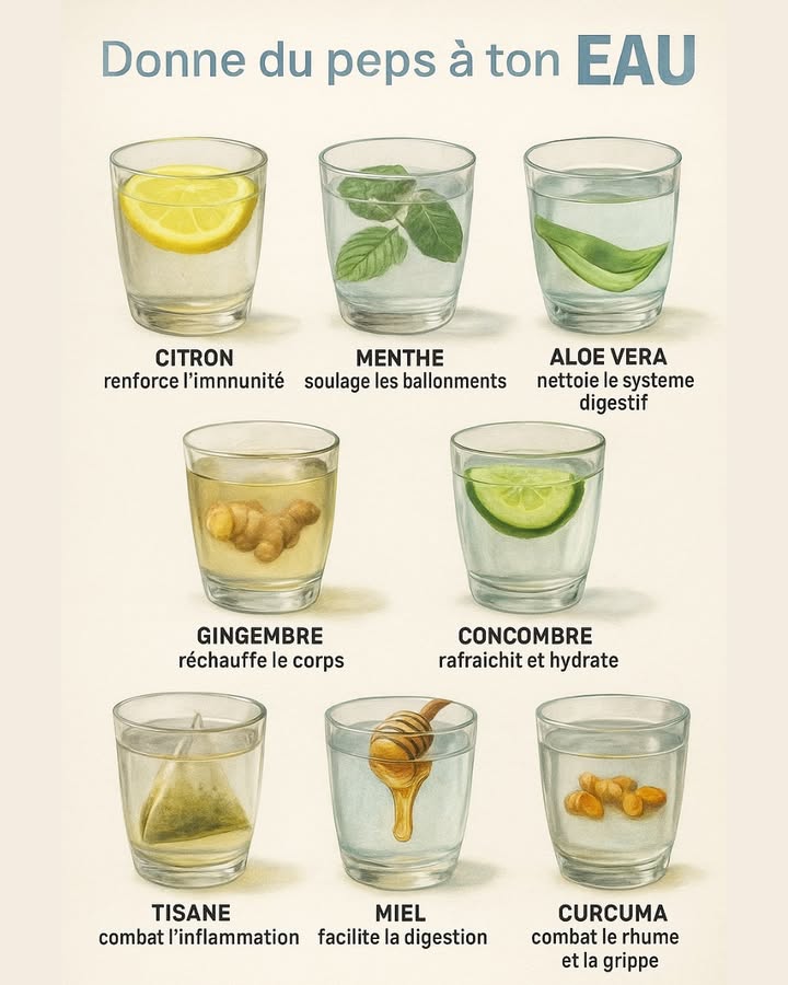 Et si votre verre deau devenait une vraie boisson bien-être ?
Boire de leau est essentiel pour la santé 
Mais avec quelques ingrédients naturels, vous pouvez la transformer en boisson revitalisante, pleine de bienfaits pour votre corps 

 découvrez 8 idées simples et efficaces pour donner du peps à votre eau  parfaites pour shydrater avec plaisir tout au long de la journée