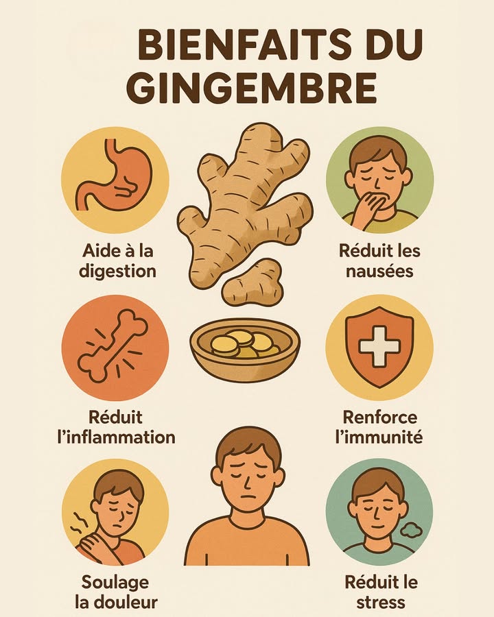 LES BIENFAITS DU GINGEMBRE  UN ALLIÉ NATUREL POUR VOTRE SANTÉ ! 

Le gingembre est utilisé depuis des siècles pour ses propriétés étonnantes. Que ce soit en infusion, en cuisine ou en jus, cette racine est un véritable trésor naturel. Voici ce quil peut apporter à votre bien-être :

 Aide à la digestion
Idéal après un repas lourd : il stimule le système digestif.

 Réduit les nausées
Souvent utilisé contre le mal des transports ou les nausées matinales.

 Réduit linflammation
Reconnu pour ses propriétés anti-inflammatoires naturelles.

 Renforce limmunité
Un petit coup de boost pour le système immunitaire !

 Soulage la douleur
Notamment la douleur musculaire ou articulaire.

 Réduit le stress
Son effet apaisant aide à détendre le corps et lesprit.

 Astuce bien-être : Ajoutez quelques tranches de gingembre frais dans de leau chaude avec du citron pour une boisson revitalisante et naturelle.

 Prenez soin de vous naturellement !