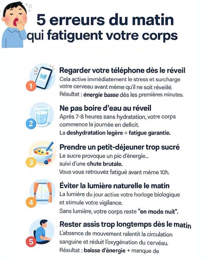 1. Regarder votre téléphone dès le réveil

Quand vous ouvrez votre téléphone au saut du lit :

Votre cerveau passe brutalement en mode alerte.

Les notifications, messages, réseaux sociaux augmentent le cortisol hormone du stress.

Cela brouille aussi votre capacité de concentration pour le reste de la matinée.

 Conseil : attendez au moins 2030 minutes avant de regarder un écran.

 2. Ne pas boire deau le matin

Pendant la nuit, le corps perd de leau en respirant et en transpirant.

Si vous ne buvez rien au réveil :

Votre corps commence la journée en déshydratation légère.

Ce manque deau réduit la circulation, loxygénation du cerveau et la vigilance.

 Conseil : buvez un grand verre deau avant même de manger.

 3. Petit-déjeuner trop sucré

Un repas sucré :

Augmente rapidement la glycémie.

Provoque un pic dénergie court, suivi dune chute brutale.

Entraîne fatigue, faim rapide et baisse dattention.

 Préférez : protéines œufs, yaourt, fibres, fruits entiers, oléagineux.

 4. Éviter la lumière naturelle

La lumière du jour :

Réinitialise votre horloge biologique.

Freine la production de mélatonine hormone du sommeil.

Augmente la sérotonine énergie, humeur.

Si vous restez dans lobscurité :

Le corps reste en mode nuit, ce qui ralentit énergie et motivation.

 Conseil : exposez-vous 510 minutes à la lumière du matin.

 5. Rester assis trop longtemps dès le réveil

Manquer de mouvement :

Ralentit la circulation sanguine.

Diminue loxygénation du cerveau.

Contribue à une sensation de lourdeur, de somnolence.

 Conseil : faites quelques étirements, marchez un peu ou faites 23 minutes dexercice léger.