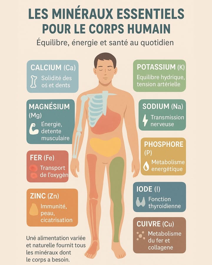 Les minéraux essentiels pour le corps humain 易 Équilibre, énergie et santé au quotidien ! Notre corps a besoin de plusieurs minéraux pour bien fonctionner chaque jour. Voici les principaux et leurs rôles : Calcium Ca : solidité des os et des dents Potassium K : équilibre hydrique et tension artérielle Sodium Na : transmission nerveuse Phosphore P : métabolisme énergétique 曆 Iode I : bonne fonction thyroïdienne 喝 Fer Fe : transport de loxygène Magnésium Mg : énergie et détente musculaire Zinc Zn : immunité, peau et cicatrisation Cuivre Cu : métabolisme du fer et formation du collagène 綾 Une alimentation variée et naturelle fournit tous les minéraux dont ton corps a besoin pour rester fort et en pleine santé !