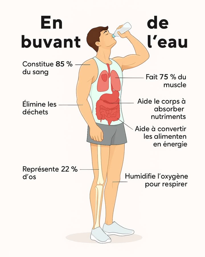 Pourquoi boire de leau chaque jour est vital pour ton corps ? Boire de leau, ce nest pas seulement étancher ta soif cest nourrir chaque cellule de ton corps Voici tout ce que leau fait pour toi : 1. Elle constitue 85 % du sang Leau permet de transporter loxygène et les nutriments vers les cellules et déliminer les toxines. 2. Elle compose 75 % des muscles Lhydratation maintient la force musculaire, améliore les performances physiques et réduit les crampes. 3. Elle aide à absorber les nutriments Sans eau, ton corps ne peut pas assimiler correctement les vitamines, les minéraux et les protéines. 4. Elle aide à transformer les aliments en énergie Leau est indispensable aux réactions métaboliques : sans elle, fatigue et baisse de tonus assurées. 易 5. Elle élimine les déchets Elle soutient les reins et le foie dans lélimination des toxines et des résidus métaboliques. 領 6. Elle représente 22 % des os Leau participe à la souplesse des articulations et au maintien de la densité osseuse. 7. Elle humidifie loxygène pour mieux respirer Leau garde les muqueuses humides, protège les poumons et facilite les échanges gazeux. 8. Elle protège tes organes et ton cerveau Une bonne hydratation améliore la concentration, lhumeur et la mémoire. Astuce santé : Bois au moins 1,5 à 2 litres deau par jour, davantage si tu fais du sport ou quil fait chaud. Pense aussi à leau contenue dans les fruits et légumes pastèque, concombre, orange 勒.