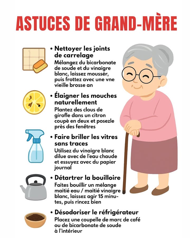 Nouvelles Astuces de Grand-Mère Qui Marchent Vraiment 

Nos grands-mères avaient tout compris à lart de lentretien naturel !
Pas besoin de produits chimiques ni de gros budget : un peu de vinaigre, de citron ou de bicarbonate suffit pour rendre la maison impeccable 

 Voici 5 astuces simples et efficaces :

1 Nettoyer les joints de carrelage
 Mélangez du bicarbonate de soude avec du vinaigre blanc.
Laissez mousser quelques minutes puis frottez avec une vieille brosse à dents.
 Résultat : des joints propres et éclatants, sans effort !

2 Éloigner les mouches naturellement
 Plantez quelques clous de girofle dans un citron coupé en deux.
Placez-le près des fenêtres ou sur la table.
 Lodeur repousse les mouches sans produits toxiques.

3 Faire briller les vitres sans traces
 Mélangez du vinaigre blanc avec de leau chaude.
Nettoyez vos vitres puis essuyez-les avec du papier journal.
 Zéro trace, brillance garantie et effet anti-buée !

4 Détartrer la bouilloire
 Remplissez-la à moitié deau et à moitié de vinaigre blanc.
Faites bouillir, laissez agir 15 min puis rincez.
 Le tartre disparaît, la bouilloire retrouve toute sa performance.

5 Désodoriser le réfrigérateur
 Placez une coupelle remplie de marc de café ou de bicarbonate de soude.
 Ces ingrédients absorbent naturellement les mauvaises odeurs.

 Ces astuces sont écologiques, économiques et pleines de bon sens.
Elles rappellent que la nature offre souvent les meilleures solutions.