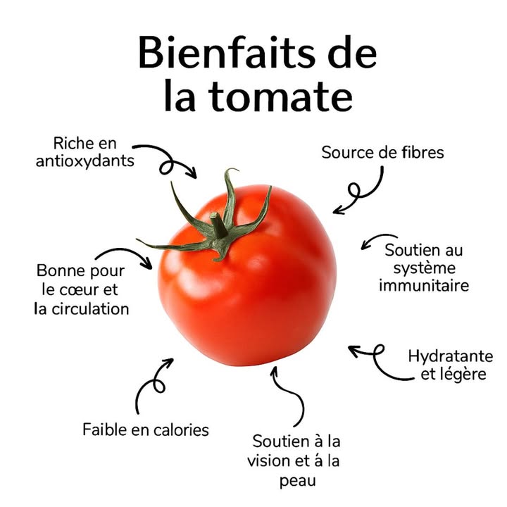 Les bienfaits de la tomate 

La tomate nest pas seulement délicieuse, elle est aussi un véritable atout santé ! 

 Riche en antioxydants, elle aide à protéger nos cellules.
 Source de fibres, elle favorise une bonne digestion.
 Hydratante et légère, parfaite pour les journées chaudes.
 Bonne pour le cœur et la circulation sanguine.
 Faible en calories, idéale pour une alimentation équilibrée.
 Et en plus, elle soutient la vision et la peau ! 

綾 Astuce : consomme-la crue en salade ou cuite pour profiter encore plus du lycopène, son puissant antioxydant naturel.