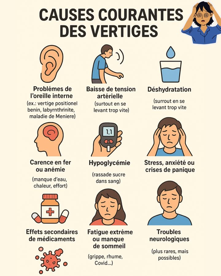 Pourquoi avez-vous souvent des vertiges ?

Les vertiges peuvent avoir de nombreuses causes, et la plupart sont bénignes mais il est important de les comprendre pour mieux réagir.

Voici les causes les plus courantes :

 Problèmes de loreille interne
vertige positionnel bénin, labyrinthite, maladie de Ménière

 Baisse de tension artérielle
surtout quand on se lève trop vite

 Déshydratation

 Carence en fer ou anémie

 Hypoglycémie
baisse du sucre dans le sang

 Stress, anxiété ou crises de panique

 Effets secondaires de certains médicaments

 Fatigue intense ou manque de sommeil

 Infections virales
grippe, rhume, Covid

 Troubles neurologiques
plus rares, mais possibles

 Quand consulter ?

si les vertiges sont fréquents ou durent plusieurs jours

si vous avez des chutes, troubles de la vision, difficultés à parler

si vous ressentez engourdissement ou faiblesse dun côté du corps