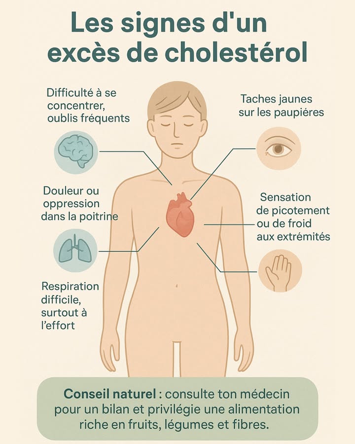 變 Les signes dun excès de cholestérol que tu ne dois pas ignorer

Le cholestérol élevé ne provoque pas toujours de symptômes visibles, mais ton corps tenvoie parfois des signaux !
Voici les plus courants 

 Fatigue inhabituelle
 Essoufflement rapide
 Douleurs ou oppression dans la poitrine
 Picotements ou froid dans les mains et les pieds
 Taches jaunes sur les paupières
 Difficulté à te concentrer ou petits oublis

 Un bilan régulier et une alimentation naturelle peuvent vraiment faire la différence.
Favorise les fruits, légumes, fibres et évite les plats trop gras ou transformés.