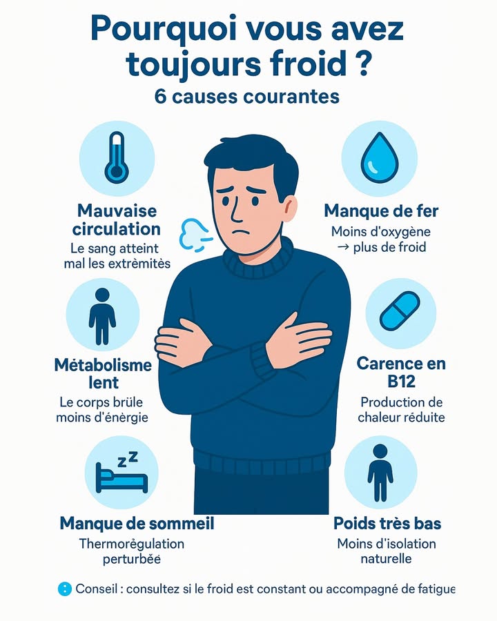 Pourquoi vous avez toujours froid ?

Limage présente 6 causes courantes :

1 Mauvaise circulation

Le sang narrive pas correctement jusquaux extrémités mains, pieds.
 Résultat : sensations de froid, surtout dans les doigts et orteils.

2 Manque de fer

Le fer permet au sang de transporter loxygène.

Un manque = moins doxygène dans les tissus  impression davoir froid facilement.
Souvent accompagné de fatigue, pâleur, essoufflement.

3 Métabolisme lent

Le corps brûle moins dénergie donc produit moins de chaleur.

Cela peut arriver avec :

certaines hormones thyroïde,

un apport calorique faible,

un faible niveau dactivité physique.

4 Carence en vitamine B12

La B12 aide au bon fonctionnement du système nerveux et à la production dénergie.
 Une carence peut réduire la chaleur produite par le corps.

5 Manque de sommeil

Le manque de sommeil dérègle la thermorégulation.

Le corps gère moins bien les variations de température.

6 Poids très bas

Le corps a moins disolation naturelle peu de graisse sous-cutanée.
 Le froid est perçu plus rapidement.

喙 Quand consulter ?

Si la sensation de froid est constante,

Si elle est accompagnée dune grande fatigue,

Ou de symptômes comme chute de cheveux, pâleur, engourdissements
 Un avis médical est conseillé prise de sang pour fer, B12, thyroïde, etc..