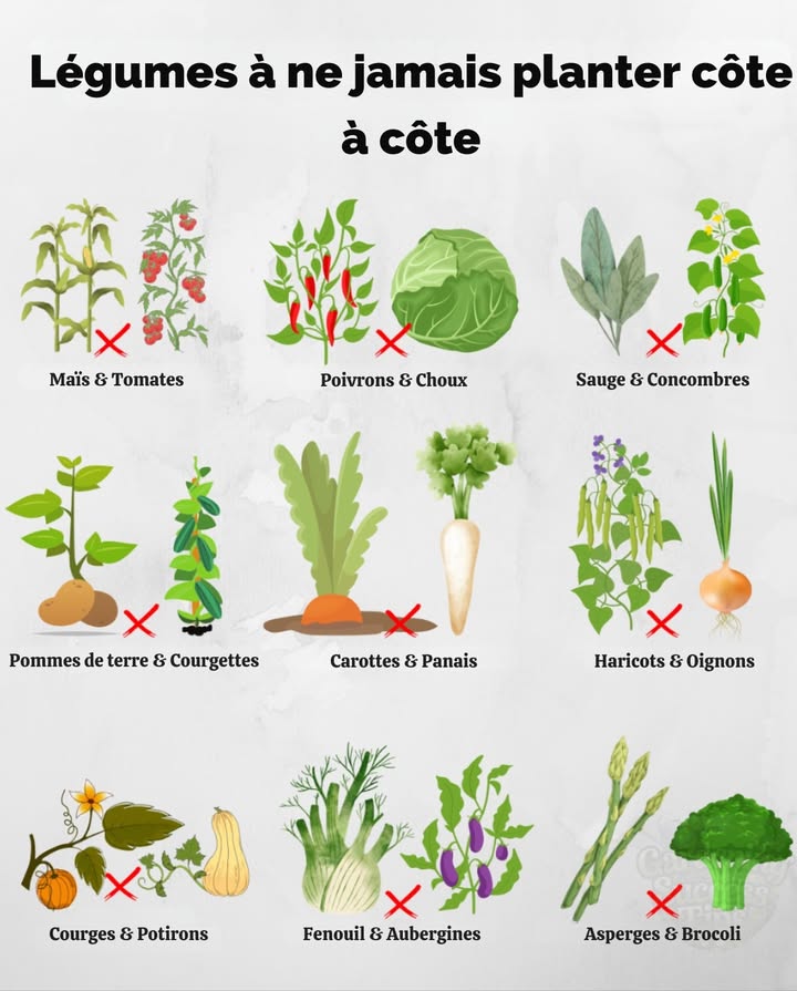 Évitez ces associations de plantes pour un jardin en pleine santé !

  Maïs et tomates  attirent les parasites comme la chenille du maïs.
  Poivrons et choux  ralentissent mutuellement leur croissance.
  Sauge  freine le développement des concombres.
 凜 Pommes de terre et courgettes  se disputent les nutriments et lespace.
 凌 Carottes et panais  se concurrencent sous terre et réduisent les récoltes.
 齃 Haricots  libèrent des composés nuisibles aux oignons.
  Fenouil  perturbe les racines des aubergines.

 Plantez intelligemment pour un potager florissant !